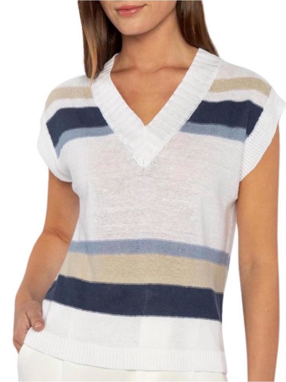 Kinross Stripe Sleeveless Vee in Indigo Multi 100% Linen